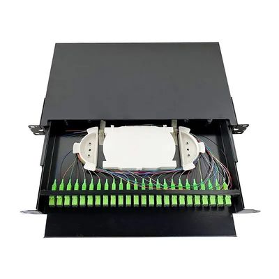 19 Inch Black Rack Mount Laci Optik Panel Patch Serat Optik Untuk Pengkabelan Jaringan