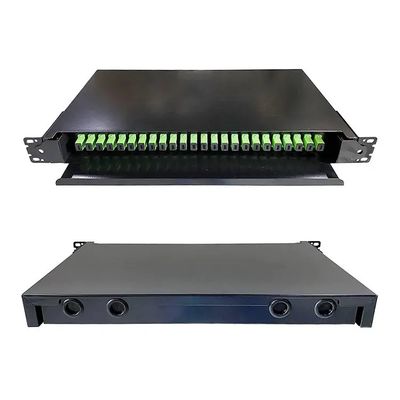 19 Inch Black Rack Mount Laci Optik Panel Patch Serat Optik Untuk Pengkabelan Jaringan